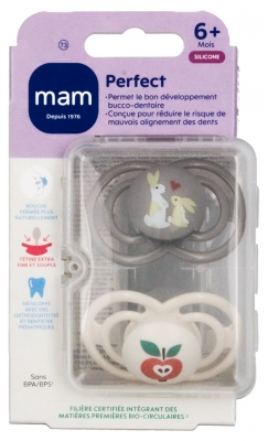 MAM 2 Sucettes Perfect Animaux Dès 6 Mois - Modèle : Lapins et Pomme