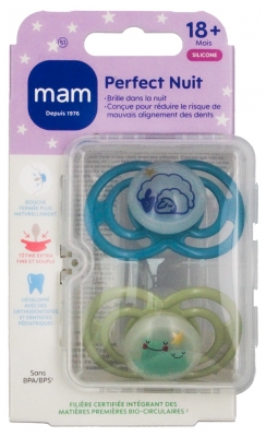 MAM 2 Sucettes Perfect Nuit Animaux Dès 18 Mois - Modèle : Moutons et Grenouilles