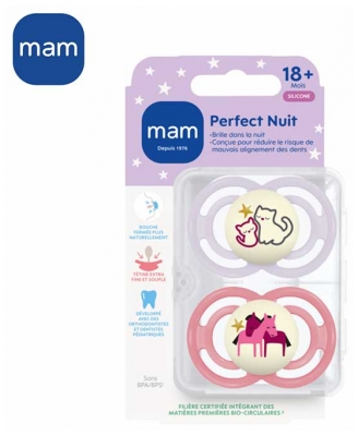 MAM 2 Sucettes Perfect Nuit Animaux Dès 18 Mois - Modèle : Renards et Ours
