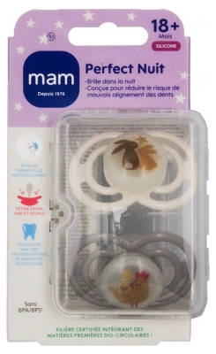 MAM 2 Sucettes Perfect Nuit Animaux Dès 18 Mois - Modèle : Lapins et Poule