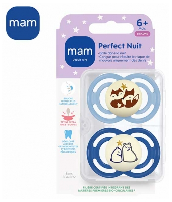 MAM 2 Sucettes Perfect Nuit 6 Mois et + - Modèle : Renards et Ours