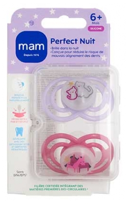 MAM 2 Sucettes Perfect Nuit 6 Mois et + - Modèle : Chats et Chevaux