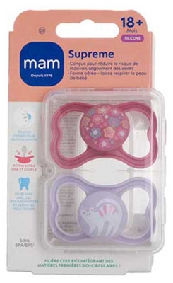 MAM Sucette Suprême - 18+ Mois - Silicone - X2 - Modèle : Fleurs et Chaton
