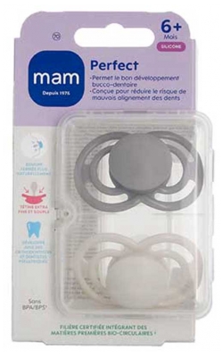 MAM Sucette Perfect Tendance - 6+ Mois - Silicone - X2 - Couleur : Gris et Blanc