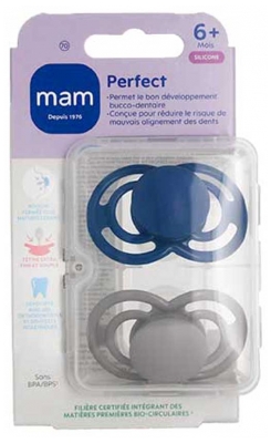 MAM Sucette Perfect Tendance - 6+ Mois - Silicone - X2 - Couleur : Bleu et Gris