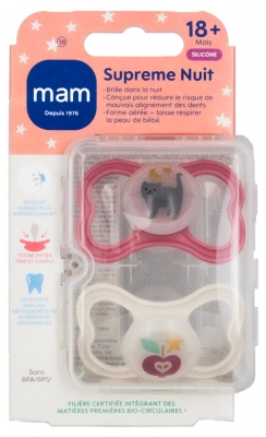 Sucettes MAM Perfect Night 18 mois et plus - Lot de 2 - Couleur : Chat et Pomme Roses