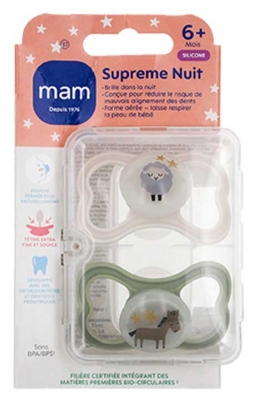 MAM Sucette Suprême Nuit - 6+ Mois - Silicone - X2 - Couleur : Mouton Beige et Cheval Vert
