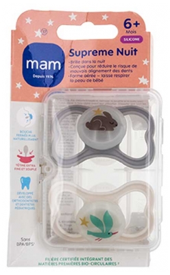 MAM Sucette Suprême Nuit - 6+ Mois - Silicone - X2 - Couleur : Lapin Marron et Oiseau Beige