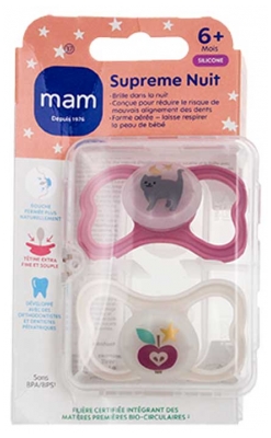 MAM Sucette Suprême Nuit - 6+ Mois - Silicone - X2 - Couleur : Chat Rose et Pomme Beige