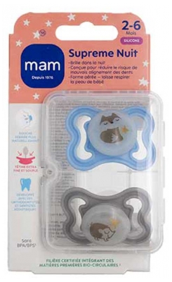 MAM Sucette Suprême Nuit - 2-6 Mois - Silicone - X2 - Modèle : Renard et Hérisson
