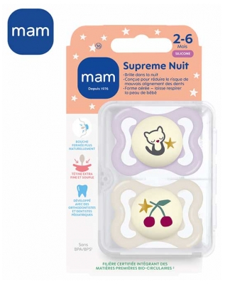 MAM Sucette Suprême Nuit - 2-6 Mois - Silicone - X2 - Modèle : Chat et Cerises