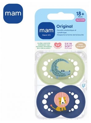 MAM 2 Sucettes Original Animaux Dès 18 Mois - Modèle : Crocodile et Lion