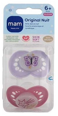 MAM Sucette Original Nuit - 6+ Mois - Silicone - X2 - Modèle : Papillon et Étoiles