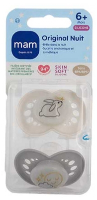 MAM Sucette Original Nuit - 6+ Mois - Silicone - X2 - Modèle : Lapin et Soleil