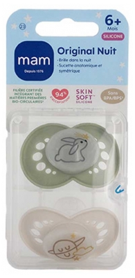MAM Sucette Original Nuit - 6+ Mois - Silicone - X2 - Modèle : Lapin et Saturne