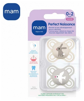 MAM Sucette Perfect Naissance - 0-2 Mois - Silicone - X2 - Modèle : Lapin et Oiseau