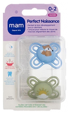 MAM Sucette Perfect Naissance - 0-2 Mois - Silicone - X2 - Modèle : Renard et Soleil