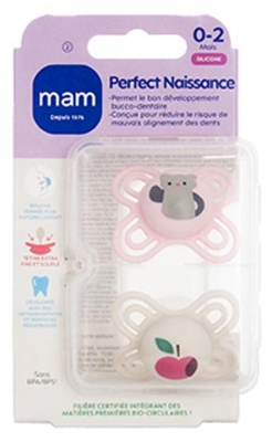 MAM Sucette Perfect Naissance - 0-2 Mois - Silicone - X2 - Modèle : Chat et Pomme