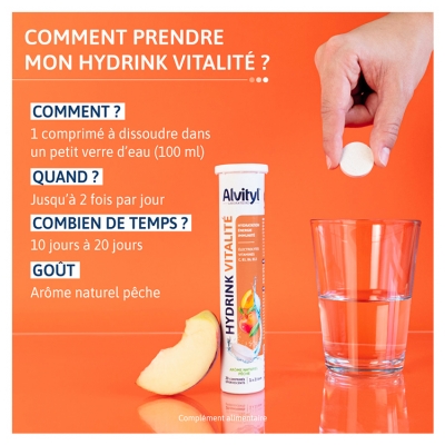 Alvityl Hydrink Vitalité Goût Pêche 20 Comprimés Effervescents