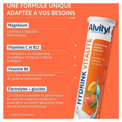 Alvityl Hydrink Vitalité Goût Pêche 20 Comprimés Effervescents
