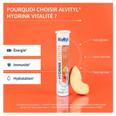Alvityl Hydrink Vitalité Goût Pêche 20 Comprimés Effervescents