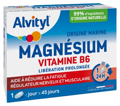 Alvityl Magnésium + Vitamine B6 - Libération Prolongée - Origine Marine - 99% d'Origine Naturelle - Aide à Réduire la Fatigue - Fabriqué en France - 45 Jours - Dès 12 Ans