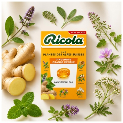 Ricola Bonbons Gingembre Orange Menthe aux Plantes des Alpes Suisses 50 g