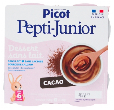 Picot Pepti-Junior Dessert Sans Lait Cacao Dès 6 Mois 4 Pots de 100 g