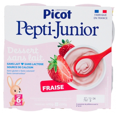 Picot Pepti-Junior Dessert Sans Lait Fraise Dès 6 Mois 4 Pots de 100 g