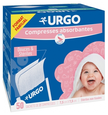 Urgo Compresses Stériles Famille & Nourrisson - Non Tissées - 50 Sachets de 2 Compresses de 7,5 X 7,5 cm