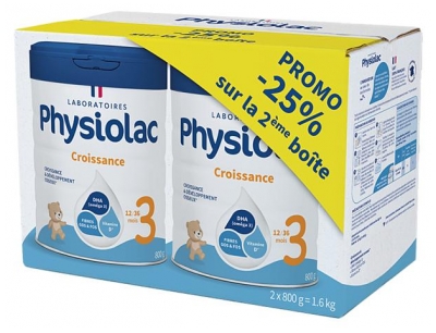 Lait de Croissance Physiolac 3 pour Enfants de 12 à 36 Mois Lot de 2 x 800 g (à consommer de préférence avant le 21/08/2026)