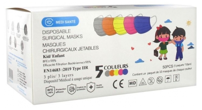 Masque Chirurgical Jetable Enfant Type IIR EFB 98% 5 Couleurs 50 Masques - Protection fiable pour les enfants (à consommer de préférence avant le 05/09/2026)