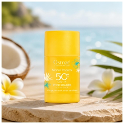Osmaé Stick Solaire Monoï Tropical Visage Lèvres et Zones Sensibles SPF50+ 15 g