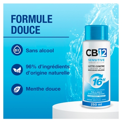 Cb12 Bain de Bouche Sensitive – Sans Alcool - Dents Sensibles - Protection Scientifiquement Prouvée Contre la Mauvaise Haleine Pendant 16 Heures – Combat la Cause de la Mauvaise Haleine – Fraîcheur Longue Durée - Menthe Douce - 250 ml