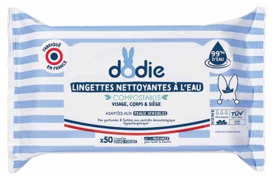 Dodie Lingettes Nettoyantes à l'Eau 50 Lingettes Compostables Grand Format