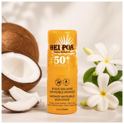 Hei Poa Stick Solaire Invisible Monoï Visage et Zones Sensibles SPF50+ 15 g