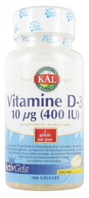 Supplément de Vitamine D-3 10 µg (400 IU) en Gélules - 100 Unités (à consommer de préférence avant le 01/09/2026)