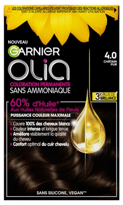 Garnier Olia Coloration Permanente Sans Ammoniaque Sans Silicone 120 g - Coloration : 4.0 Châtain Pur