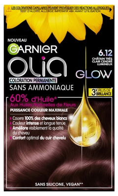 Garnier Olia Coloration Permanente Sans Ammoniaque Sans Silicone 120 g - Coloration : 6.12 Châtain Très Clair Cendré Lumineux