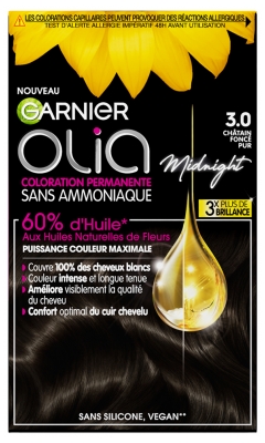Garnier Olia Coloration Permanente Sans Ammoniaque Sans Silicone 120 g - Coloration : 3.0 Châtain Foncé Pur