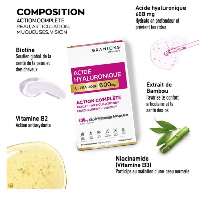 Granions Acide Hyaluronique Ultra Dosé 600 mg Action Complète 60 Comprimés Sécables