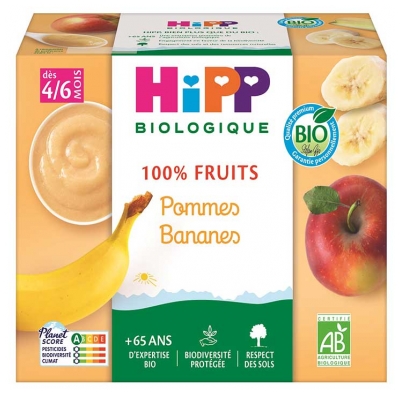 HiPP 100% Fruits Pommes Bananes 4/6 Mois Bio 4 pots x 100 g