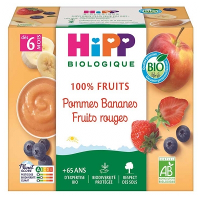 Hipp Pommes Bananes Fruits Rouges Coupelles 4 X 100 g Dès 6 Mois