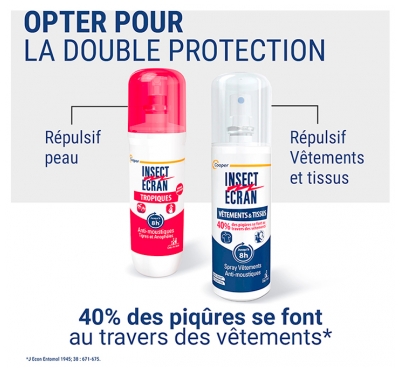 Insect Ecran Spray Insecticide Vêtements & Tissus Jusqu'à 8h 100 ml + Anti-Moustiques Spray Répulsif Jusqu'à 8H Peau Spécial Tropiques 75 ml