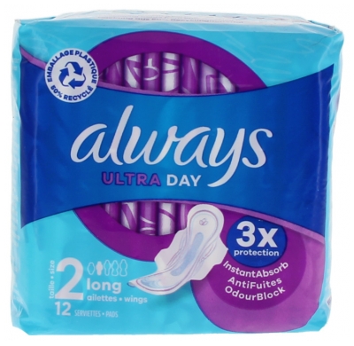 Always Ultra Day Serviettes Longues avec Ailettes Taille 2 12 Serviettes