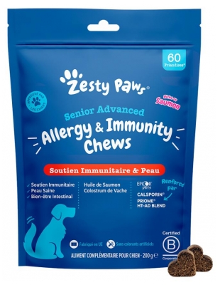Zesty Paws Friandises pour Chien Sénior Soutien Immunitaire & Peau Saumon 200 g (à consommer de préférence avant le 07/10/2026)