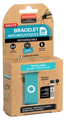 Manouka Kameleo Bracelet Anti-Moustiques + Recharge 6 ml - Modèle : Bleu Lagon