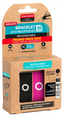 Manouka Bracelet Adulte Anti-Moustiques Lot de 2 + Recharge 6 ml