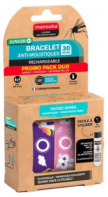 Manouka Bracelet Junior 3+ Anti-Moustiques Lot de 2 + Recharge 6 ml - Modèle : Licorne / Chat