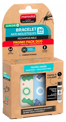 Manouka Bracelet Junior 3+ Anti-Moustiques Lot de 2 + Recharge 6 ml